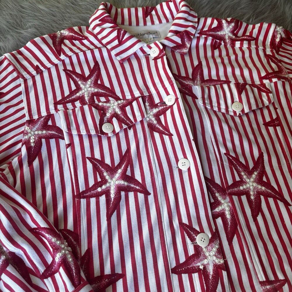 Vintage Outlander Plus Size 1x Women Button Up Top Jacket Red White Starfish - Picture 3 of 10